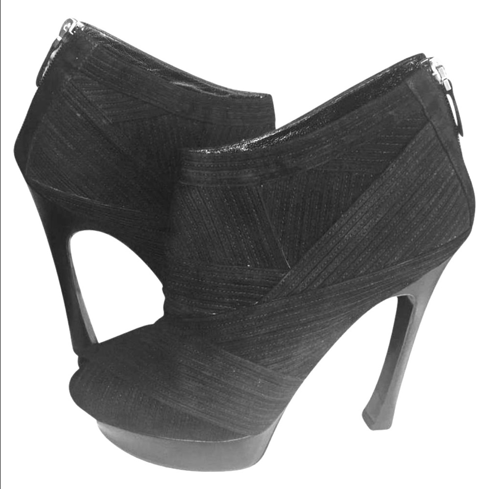 YSL platform black suede peep toe bootie